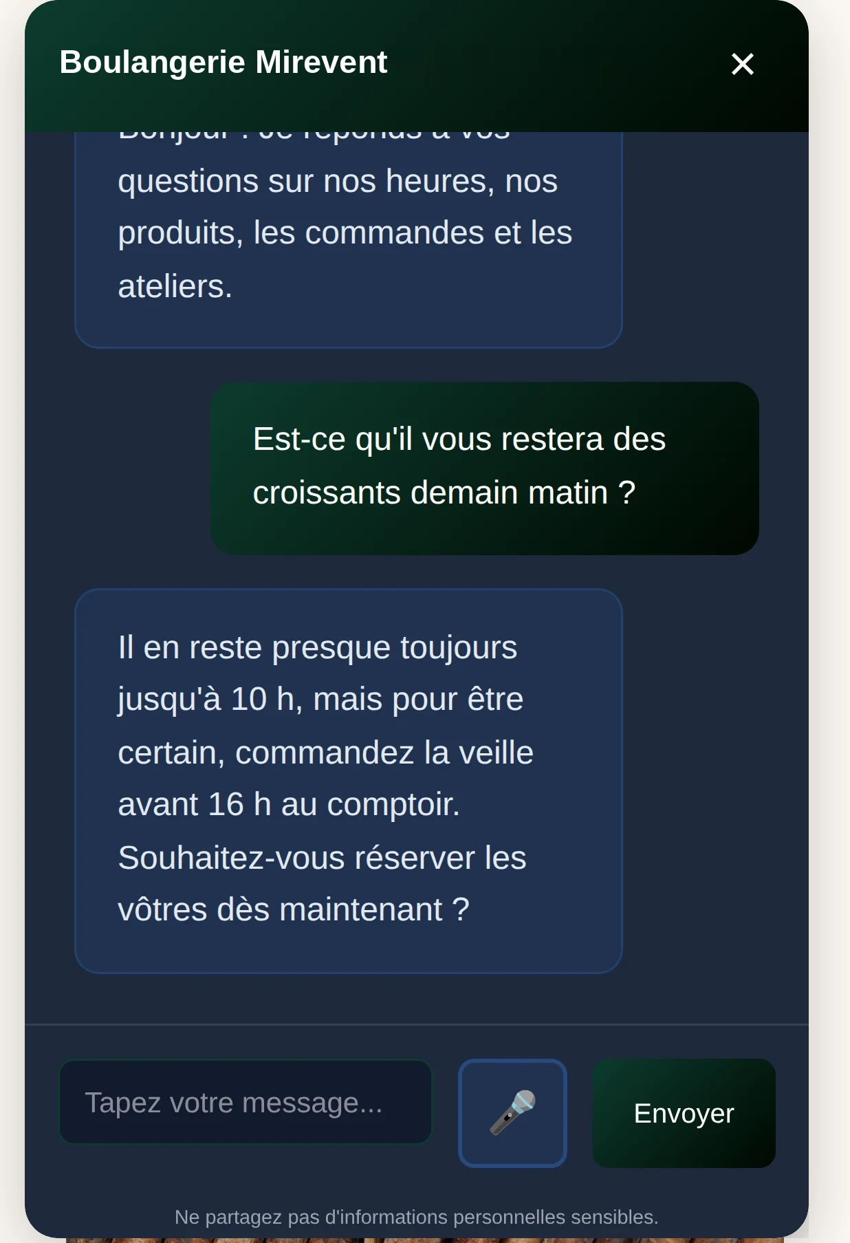 Conversation (in French) with the AI agent on a bakery's website: “Will you have croissants tomorrow morning?” The agent replies that there are almost always some left until 10 a.m. and that you can order the day before, before 4 p.m.