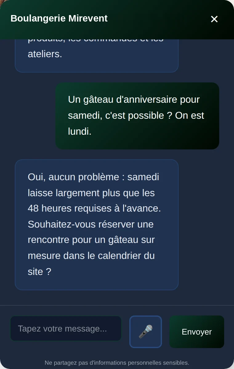 Conversation (in French): “A birthday cake for Saturday, is that possible? It's Monday.” The agent says yes: Saturday leaves more than the 48 hours required