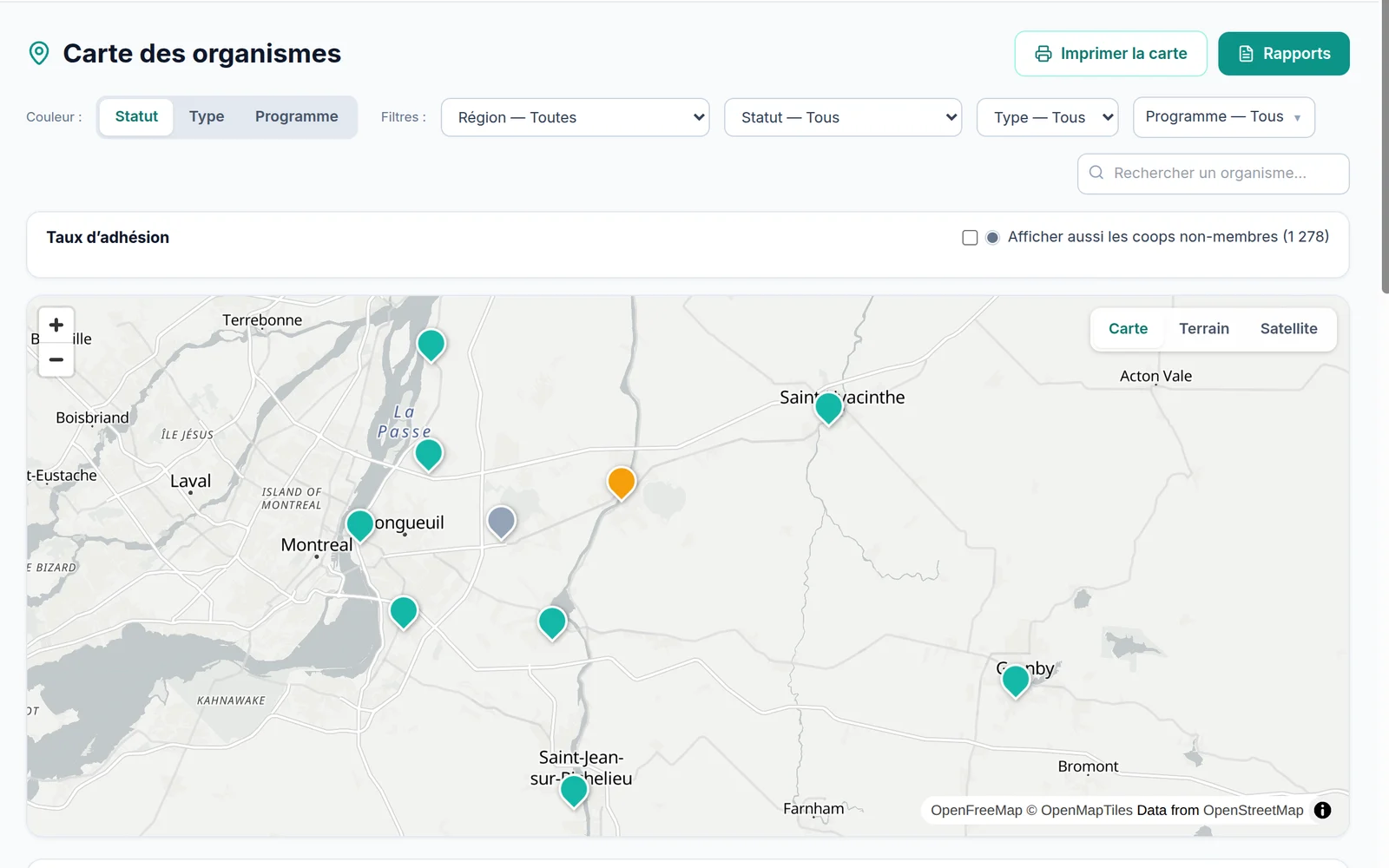 Map of the federation's member organizations, with filters by status, type and program