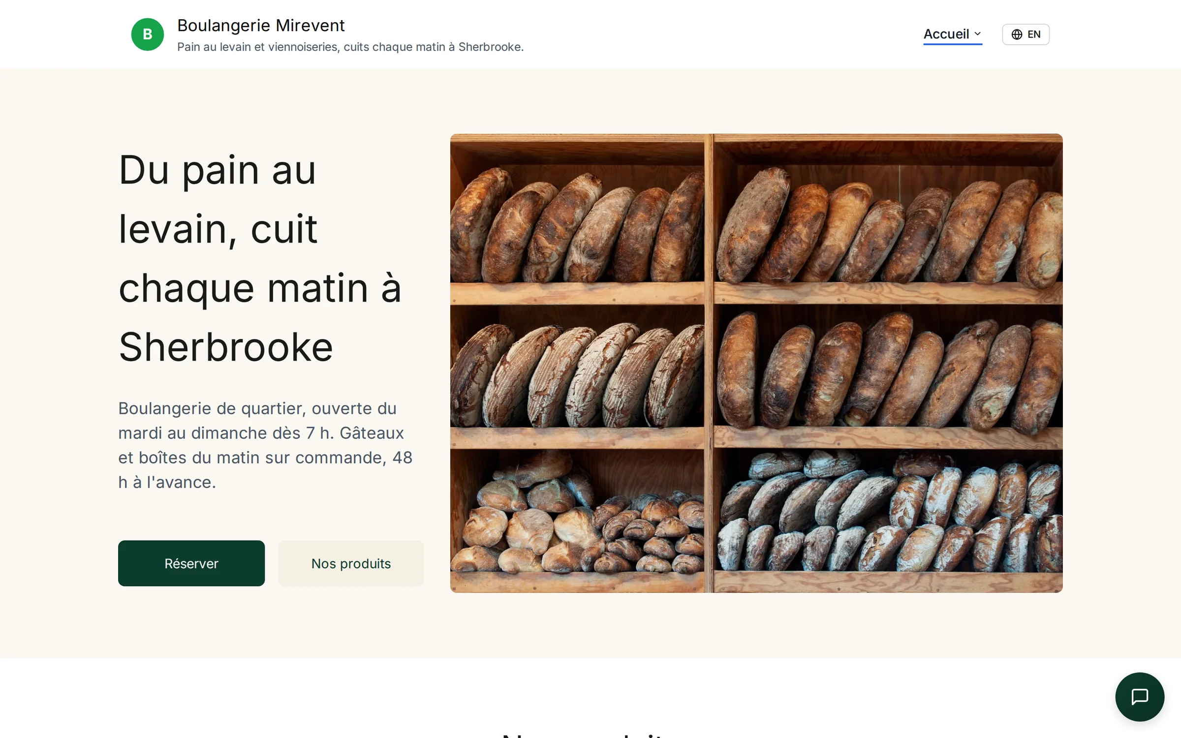 Home page of the Boulangerie Mirevent website, built with NeoAgora