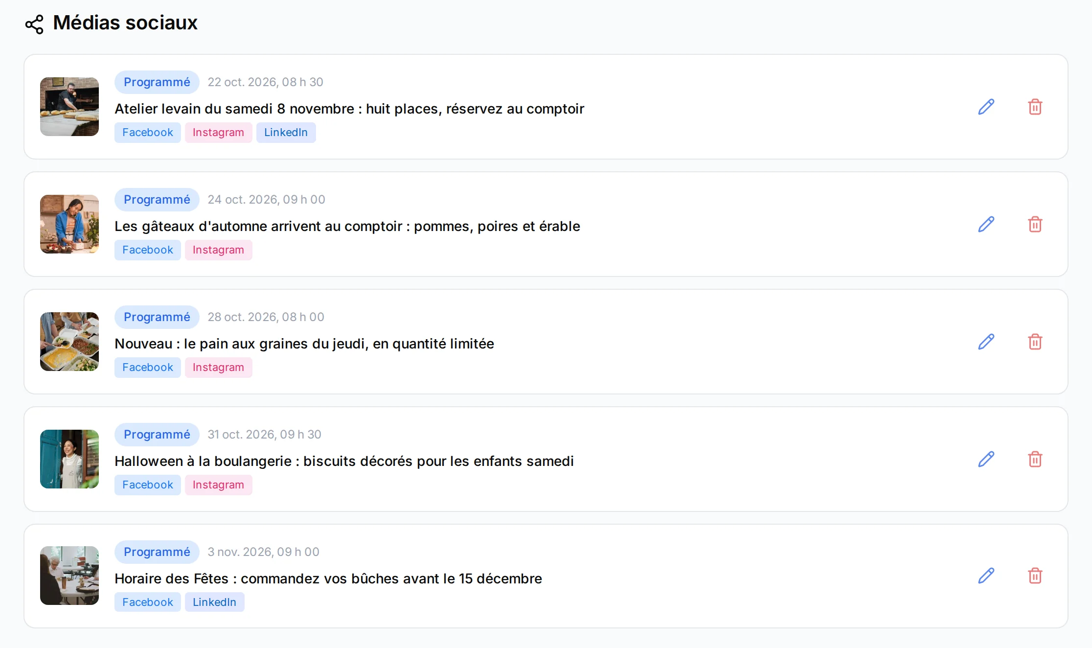 Upcoming posts of the bakery in the NeoAgora portal: the date, the text and the networks of each one