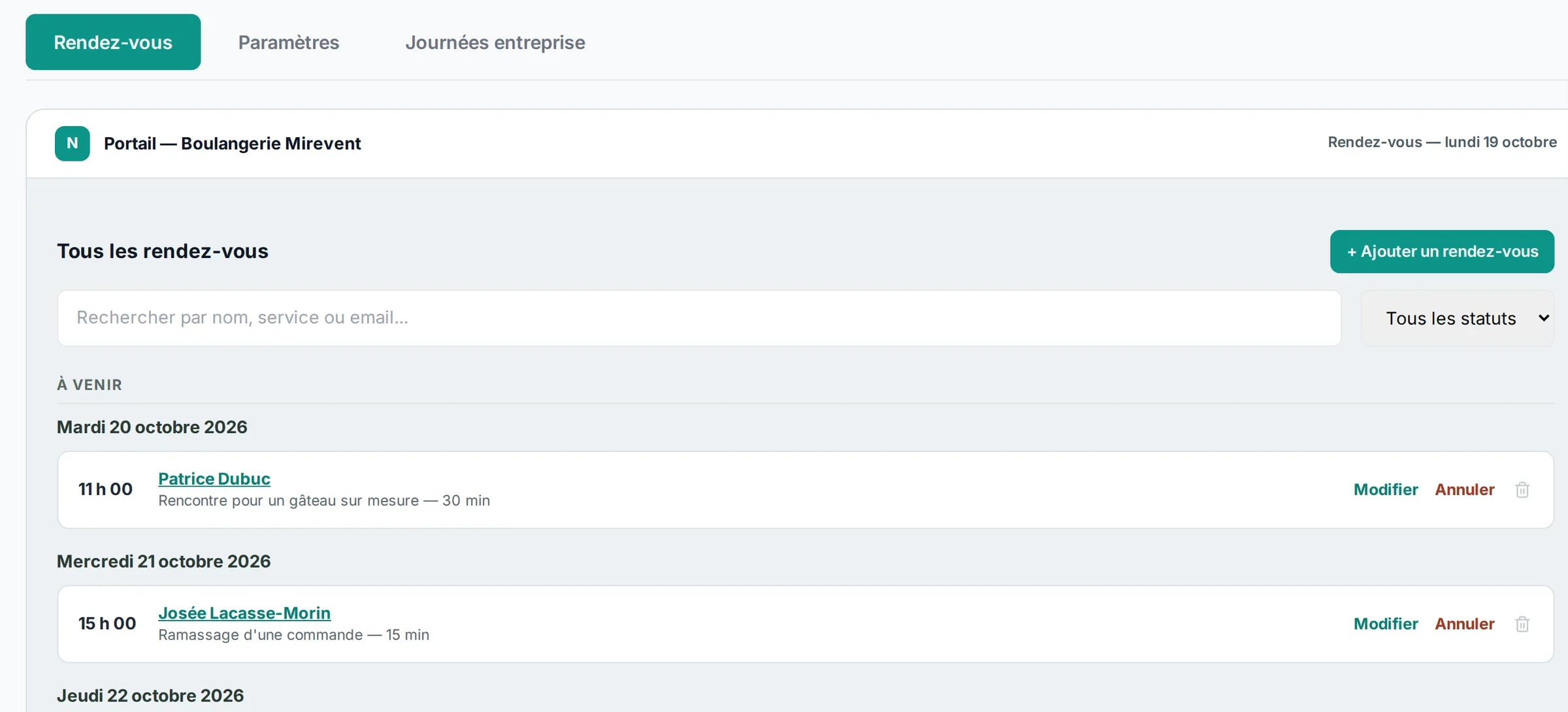 Upcoming appointments of the bakery in the NeoAgora portal: client name, service and length