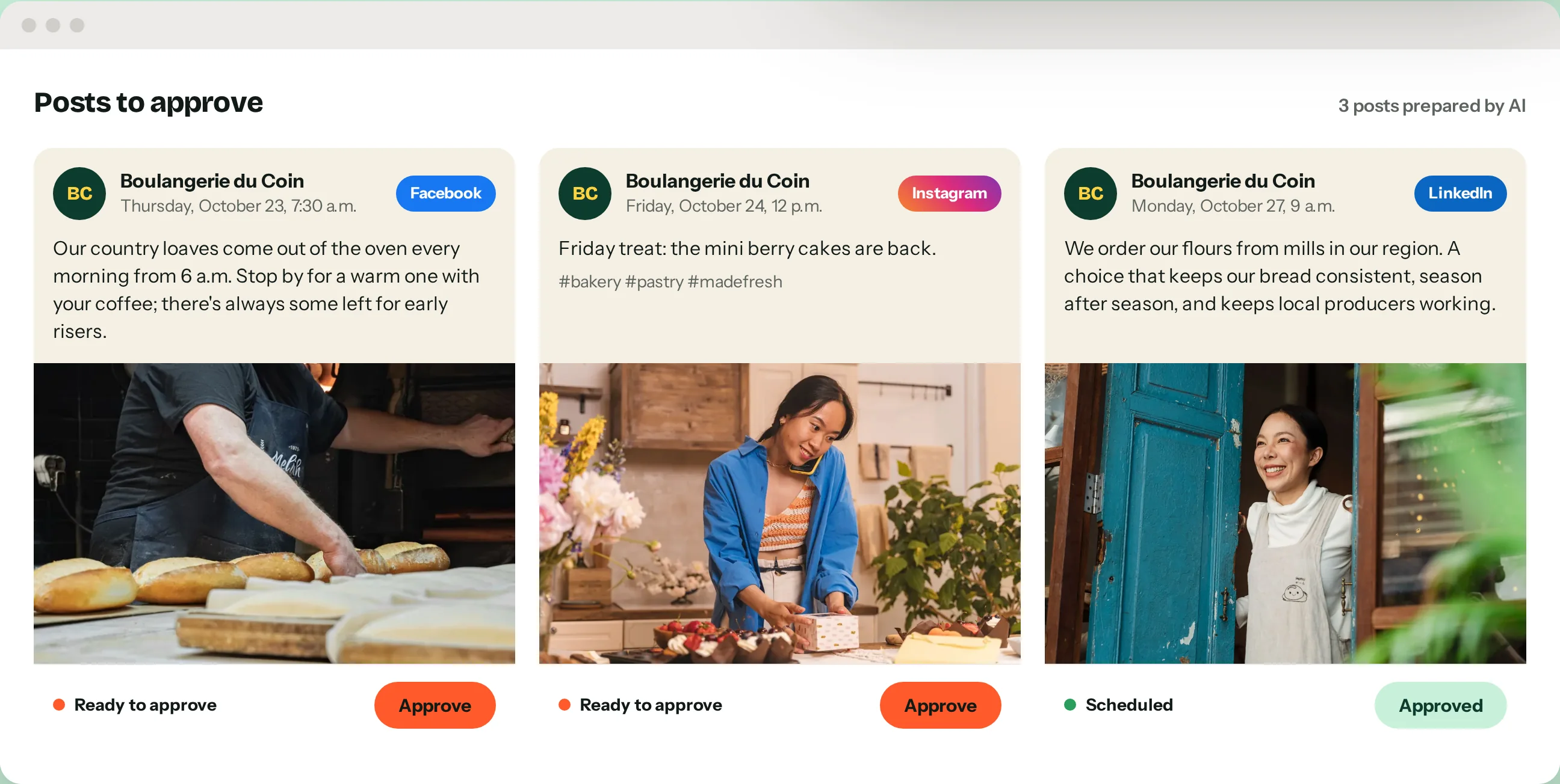 Posts prepared by AI for Facebook, Instagram and LinkedIn, ready to approve