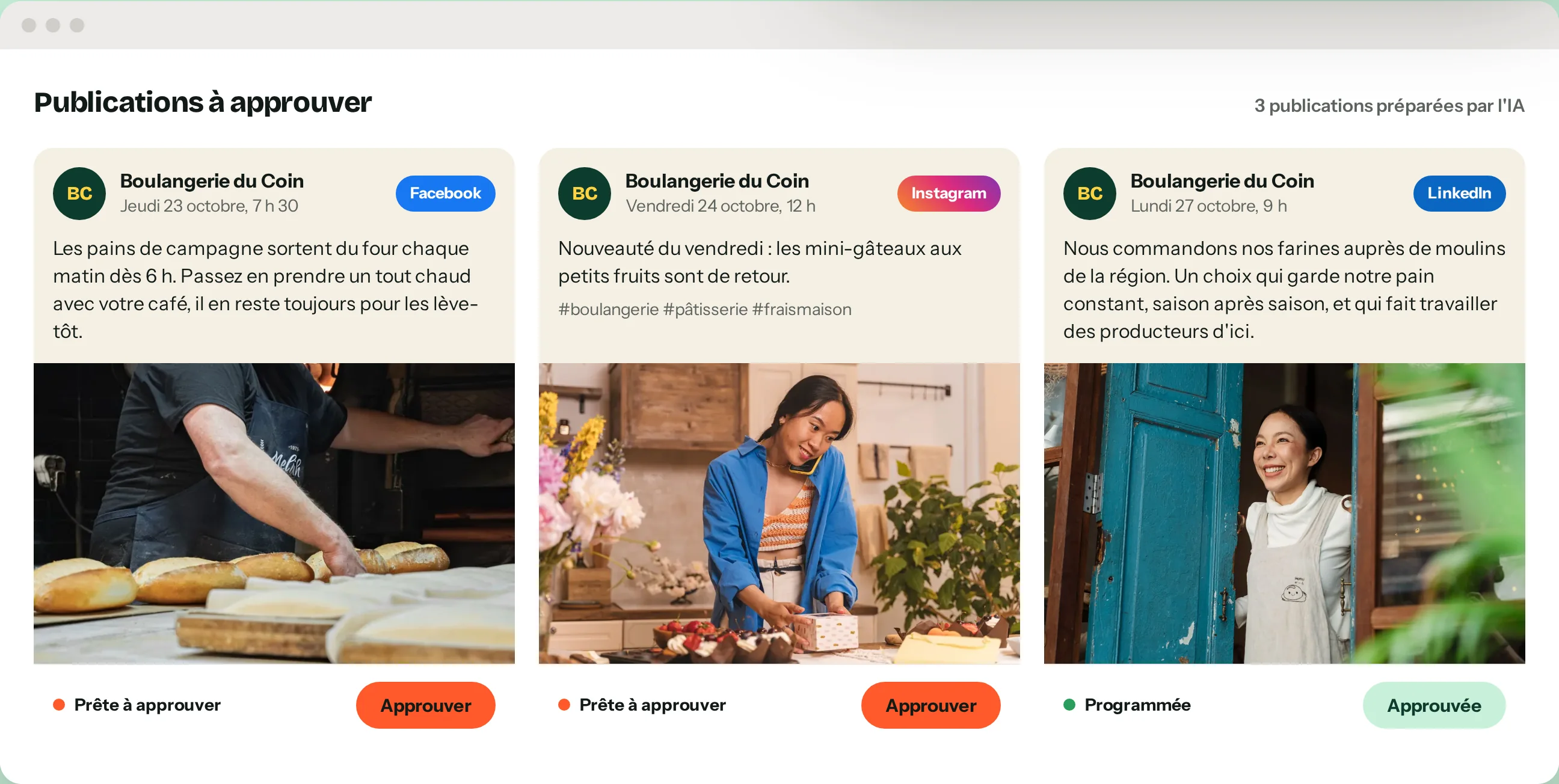 Publications préparées par l’IA pour Facebook, Instagram et LinkedIn, prêtes à approuver