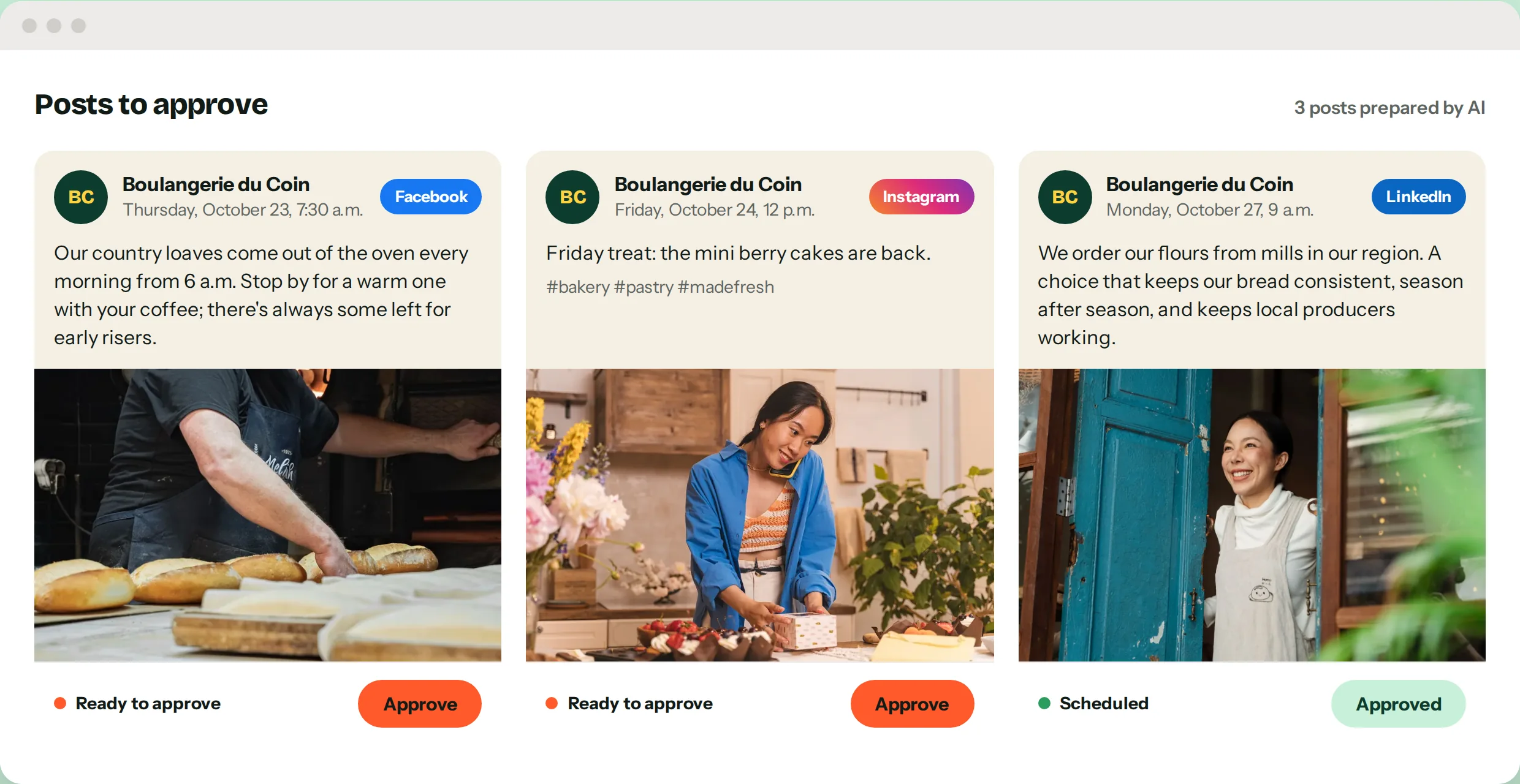 Posts prepared by AI for Facebook, Instagram and LinkedIn, ready to approve