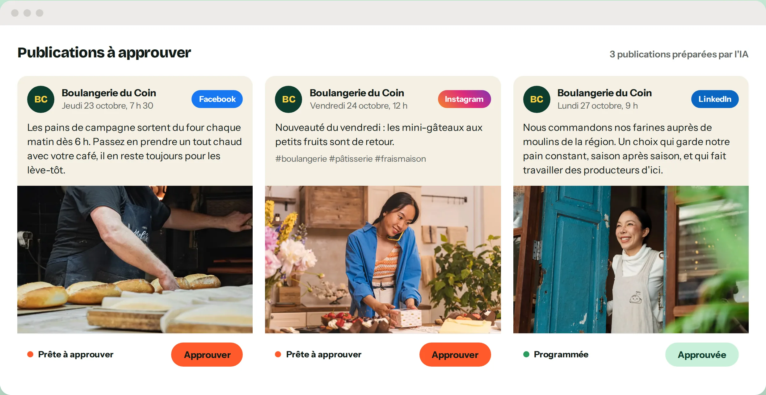 Publications préparées par l’IA pour Facebook, Instagram et LinkedIn, prêtes à approuver