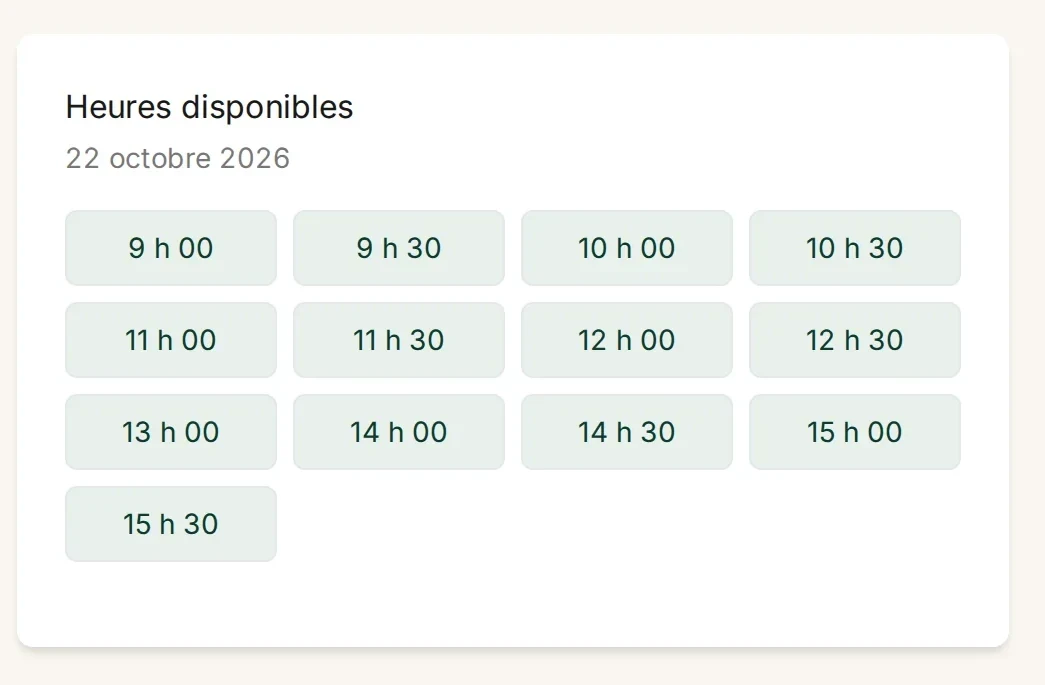 Heures disponibles proposées au client le 22 octobre 2026 : seules les heures libres sont affichées
