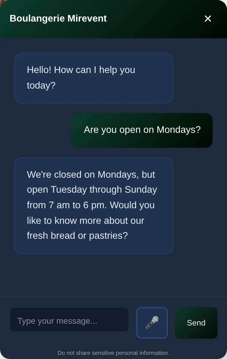 Conversation en anglais : « Are you open on Mondays? » L'agent répond que la boulangerie est fermée le lundi et ouverte du mardi au dimanche