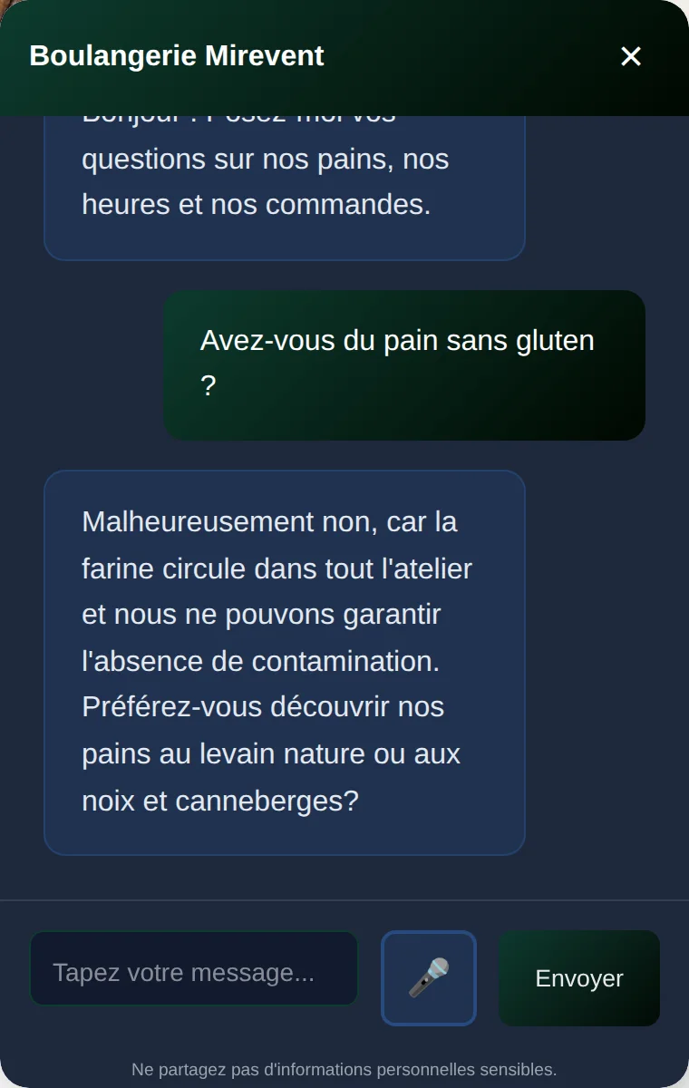 Conversation sur le site d'une boulangerie : « Avez-vous du pain sans gluten ? » L'agent répond que non, car la farine circule dans tout l'atelier, et propose les pains au levain