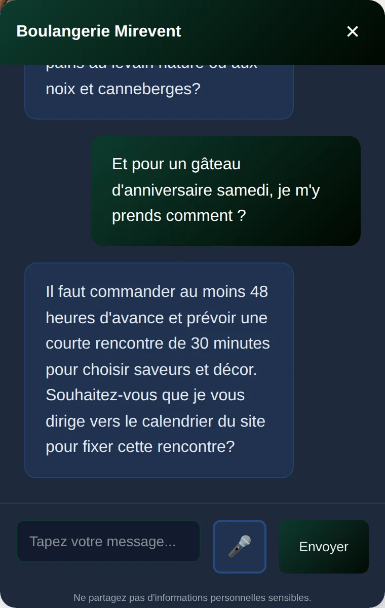 L'agent explique qu'un gâteau d'anniversaire se commande 48 heures d'avance, avec une rencontre de 30 minutes, et propose de prendre rendez-vous sur le site