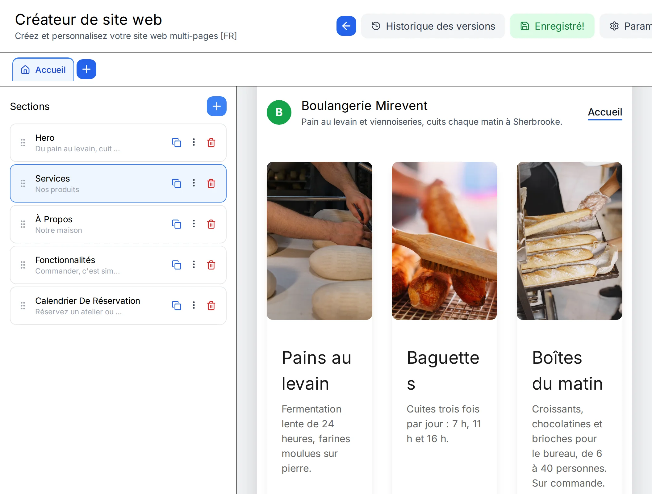 Créateur de site NeoAgora : liste des sections et aperçu de la page, section des produits sélectionnée
