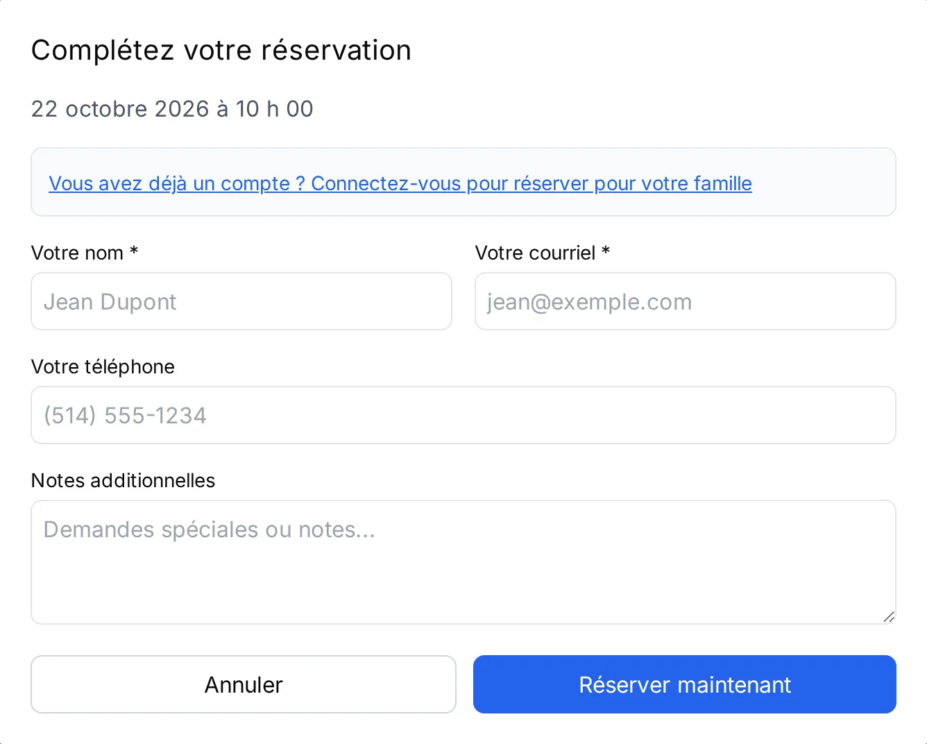 The site's booking form: the client enters their name and email, and their file is created in the CRM