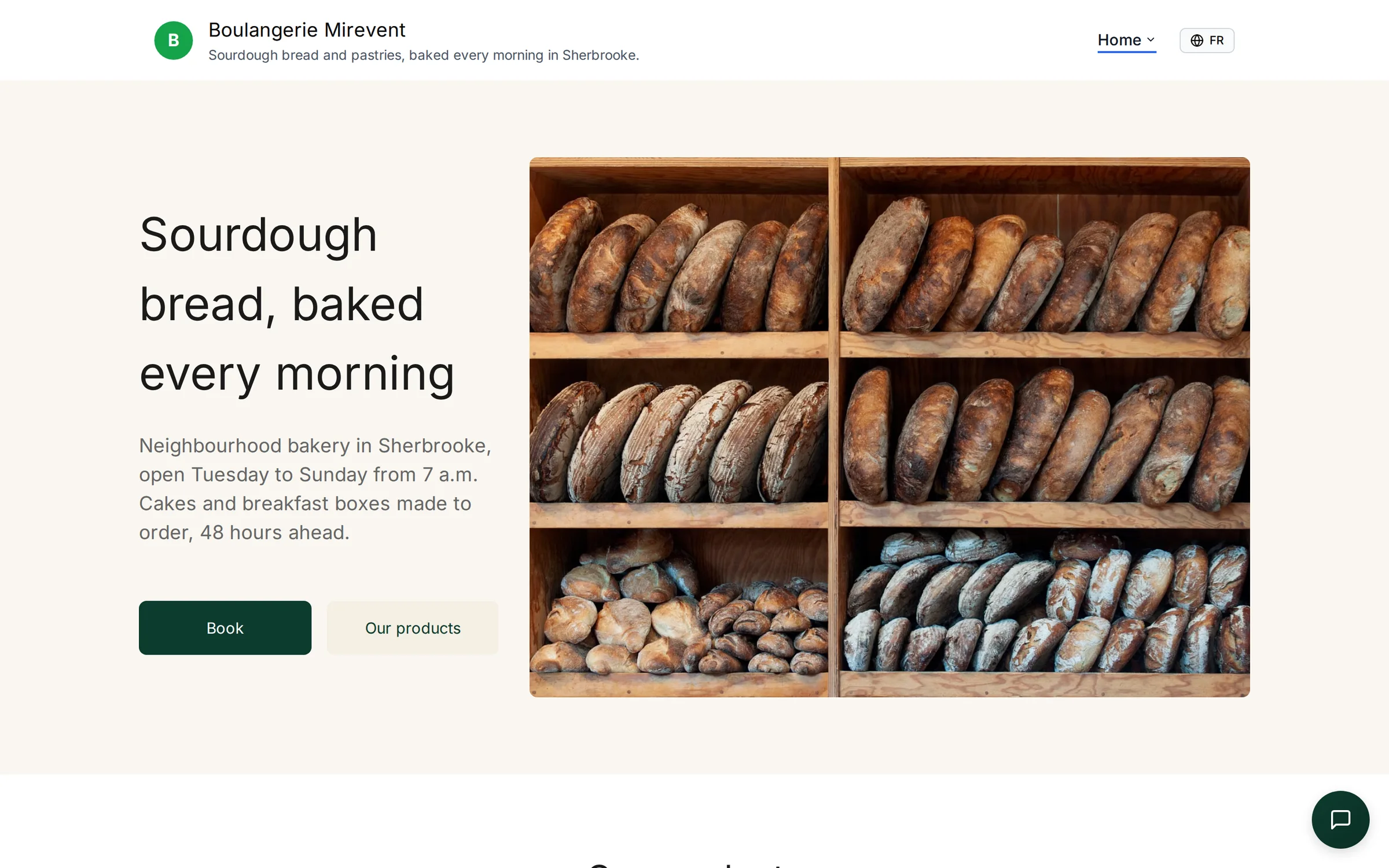 Le même site de boulangerie, en anglais