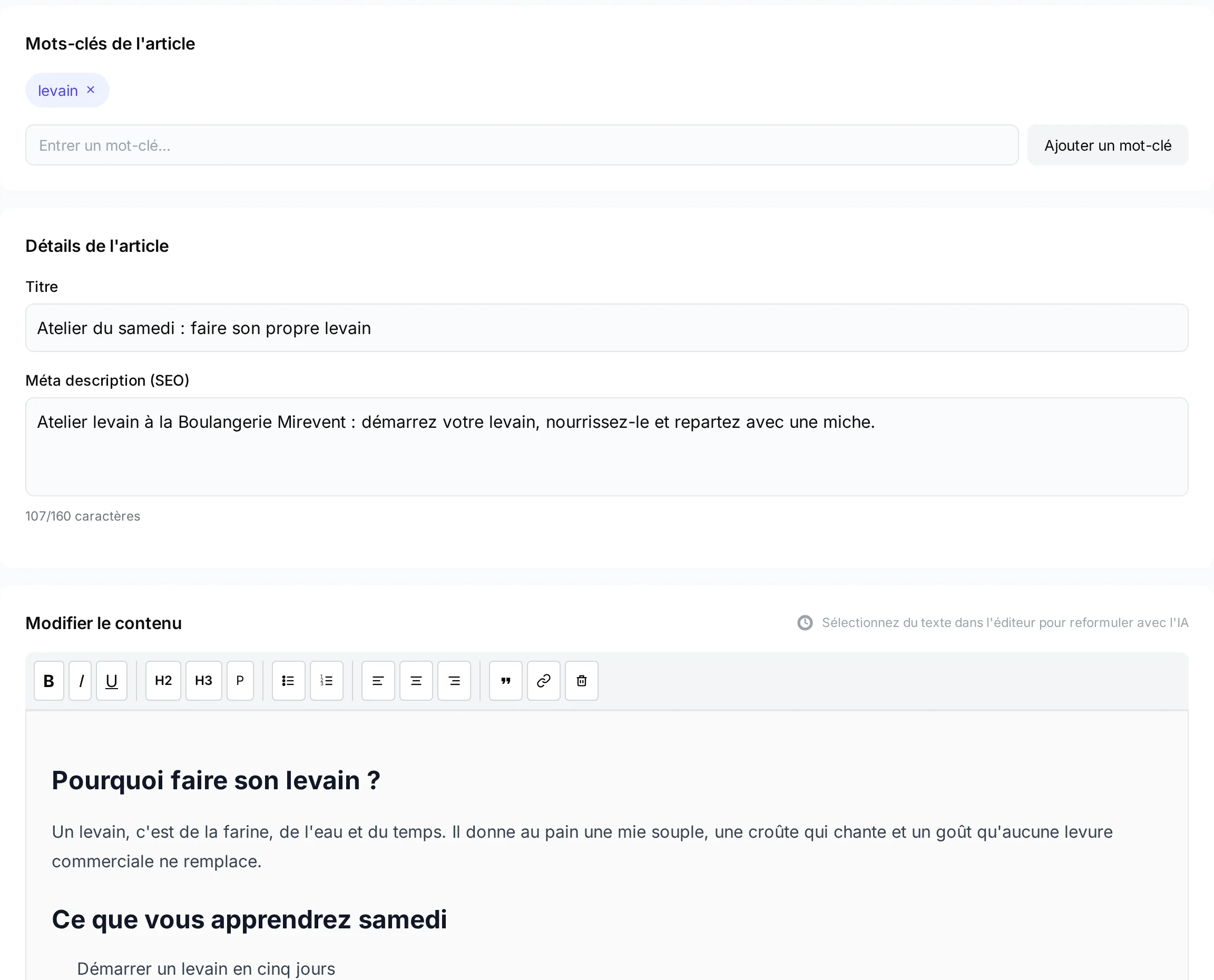 Draft blog article in NeoAgora: keywords, title, Google description and text, ready to review