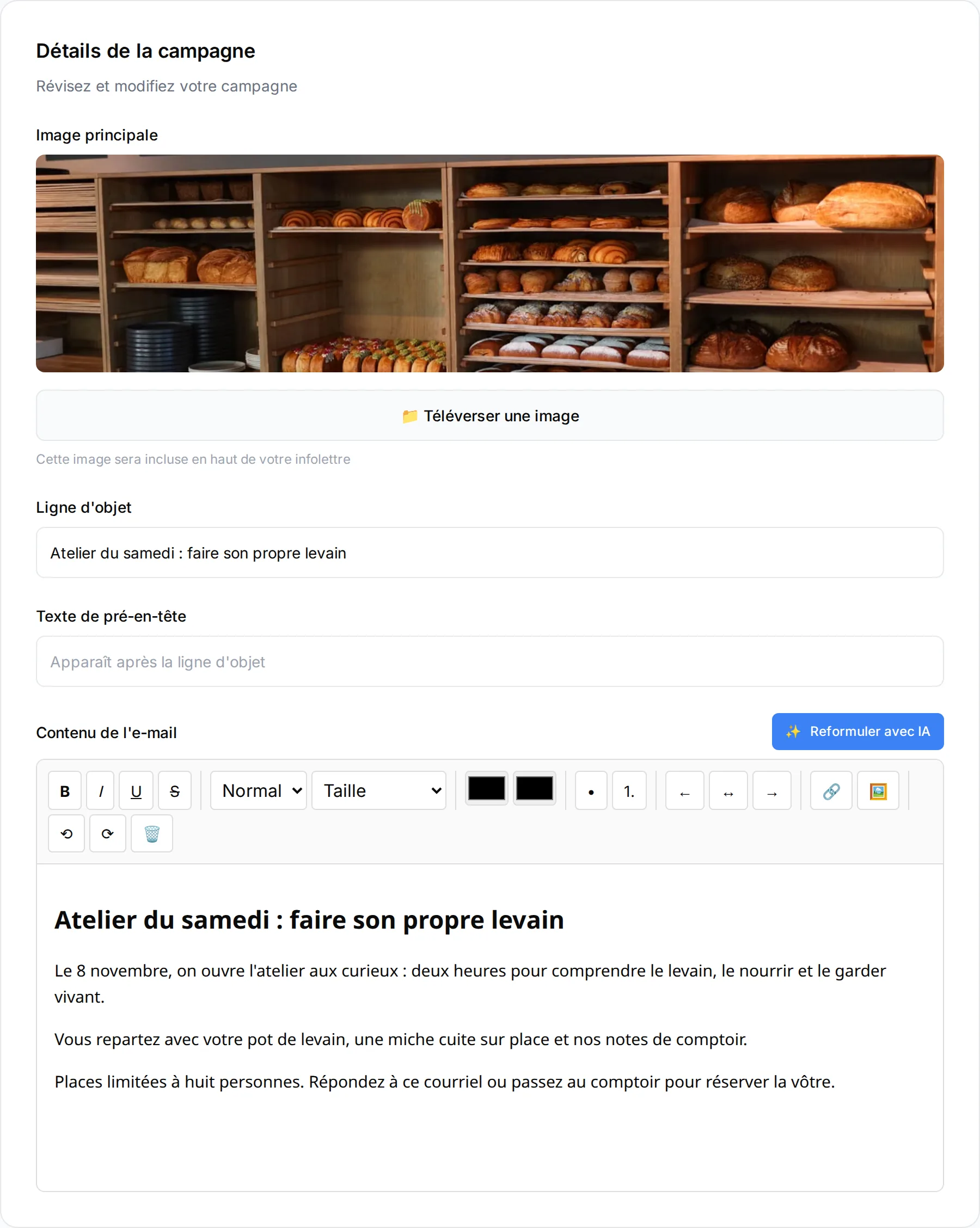 Newsletter being prepared in NeoAgora: photo, subject line and text, with the “Reformuler avec IA” (reword with AI) button