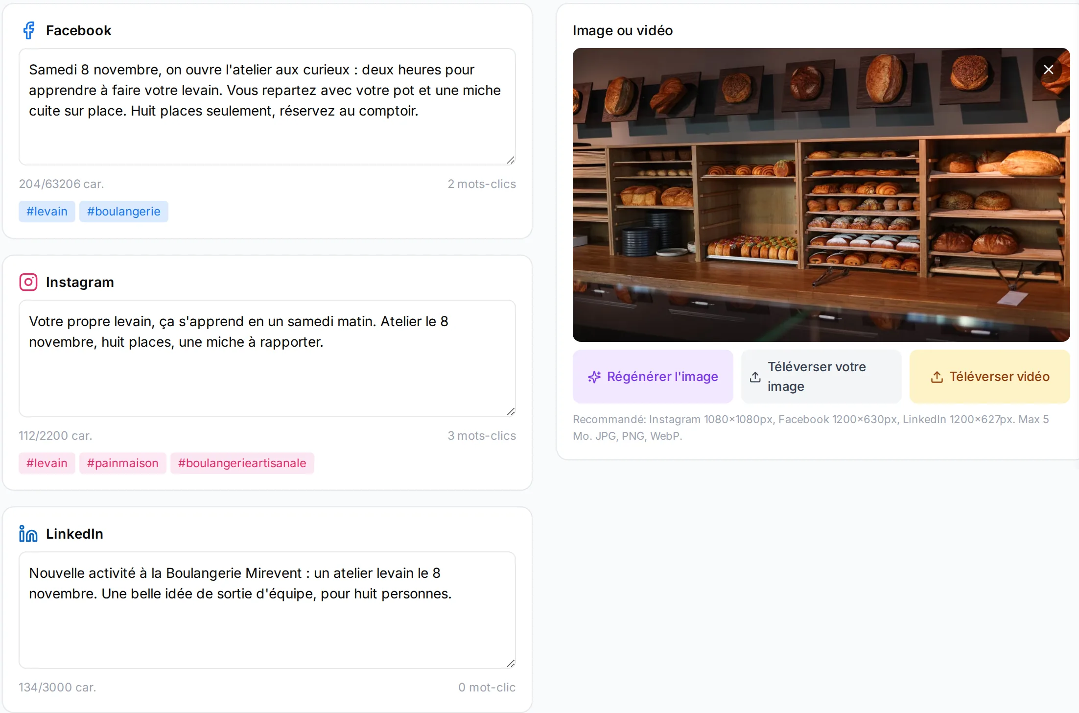 Post being prepared for Facebook, Instagram and LinkedIn: one text per network, its hashtags and its image
